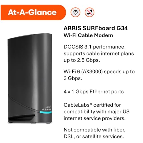 ARRIS (G34) - Cable Modem Router Combo - Fast DOCSIS 3.1 Gigabit WiFi 6 (AX3000)