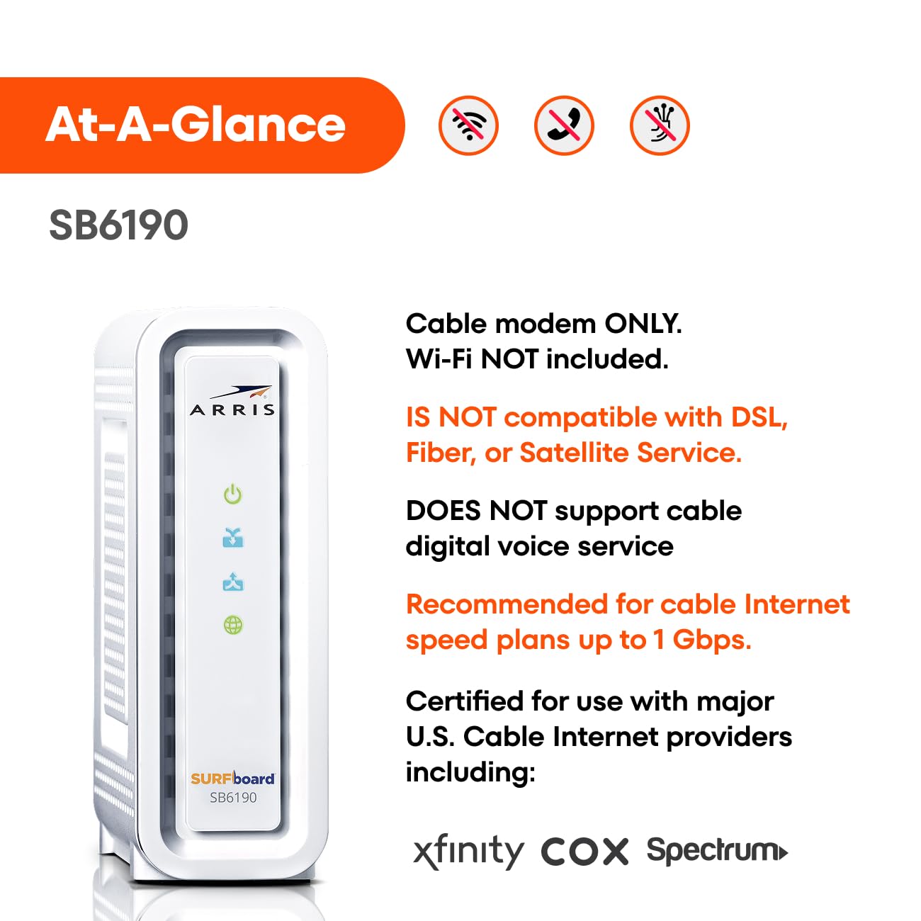 ARRIS (SB6190) - Cable Modem - DOCSIS 3.0 32x8 Gigabit Modem