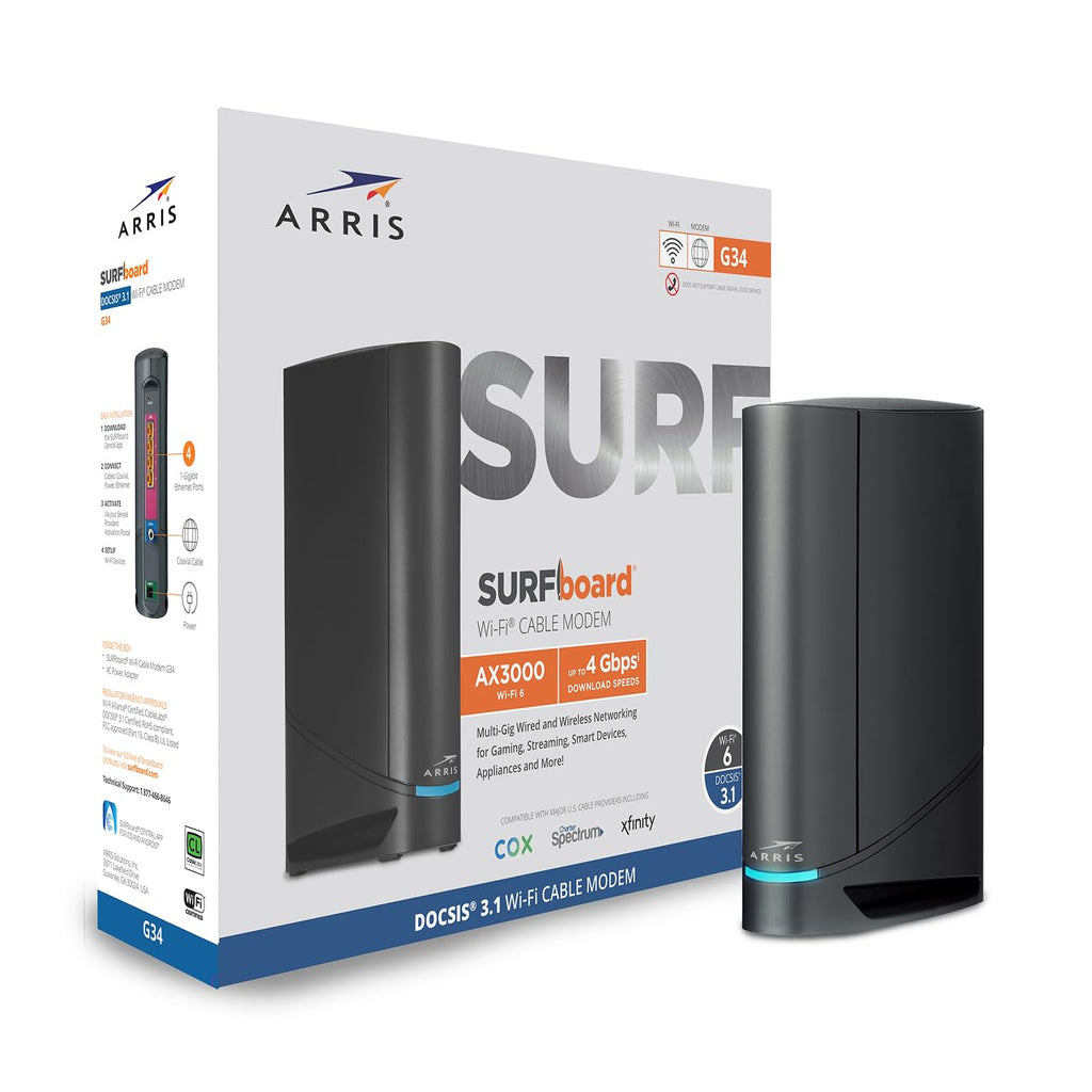 ARRIS (G34) - Cable Modem Router Combo - Fast DOCSIS 3.1 Gigabit WiFi 6 (AX3000)