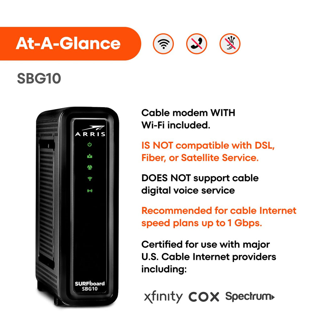 Arris (SBG10) - Cable Modem Router Combo - DOCSIS 3.0 16 x 4 Gigabit