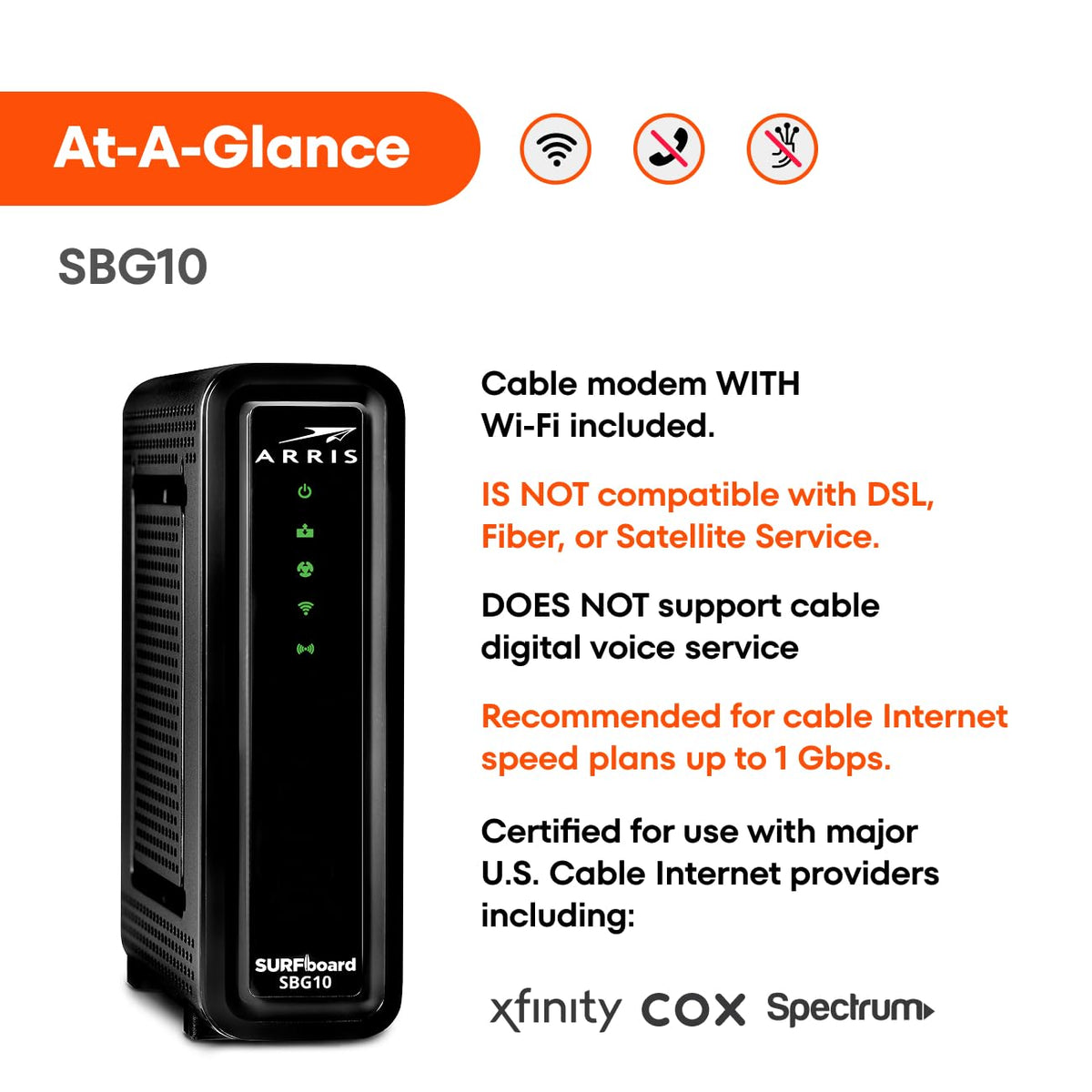 Arris (SBG10) - Cable Modem Router Combo - DOCSIS 3.0 16 x 4 Gigabit