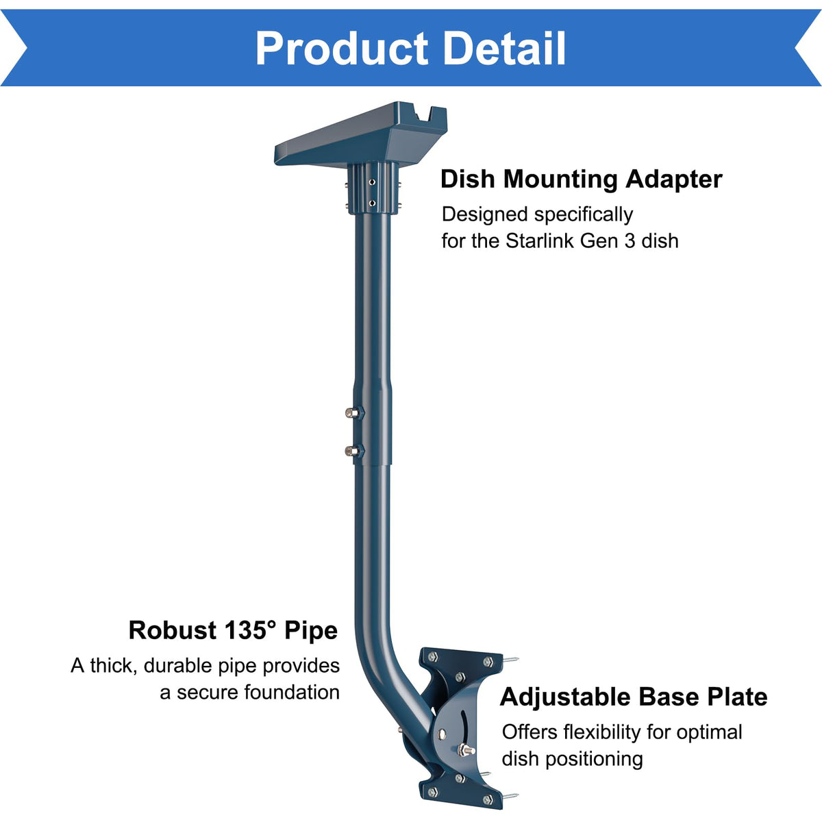 Starlink Gen 3 Mount Adapter Aluminum Alloy, 15.7" Heavy Duty Steel Pivot Pole