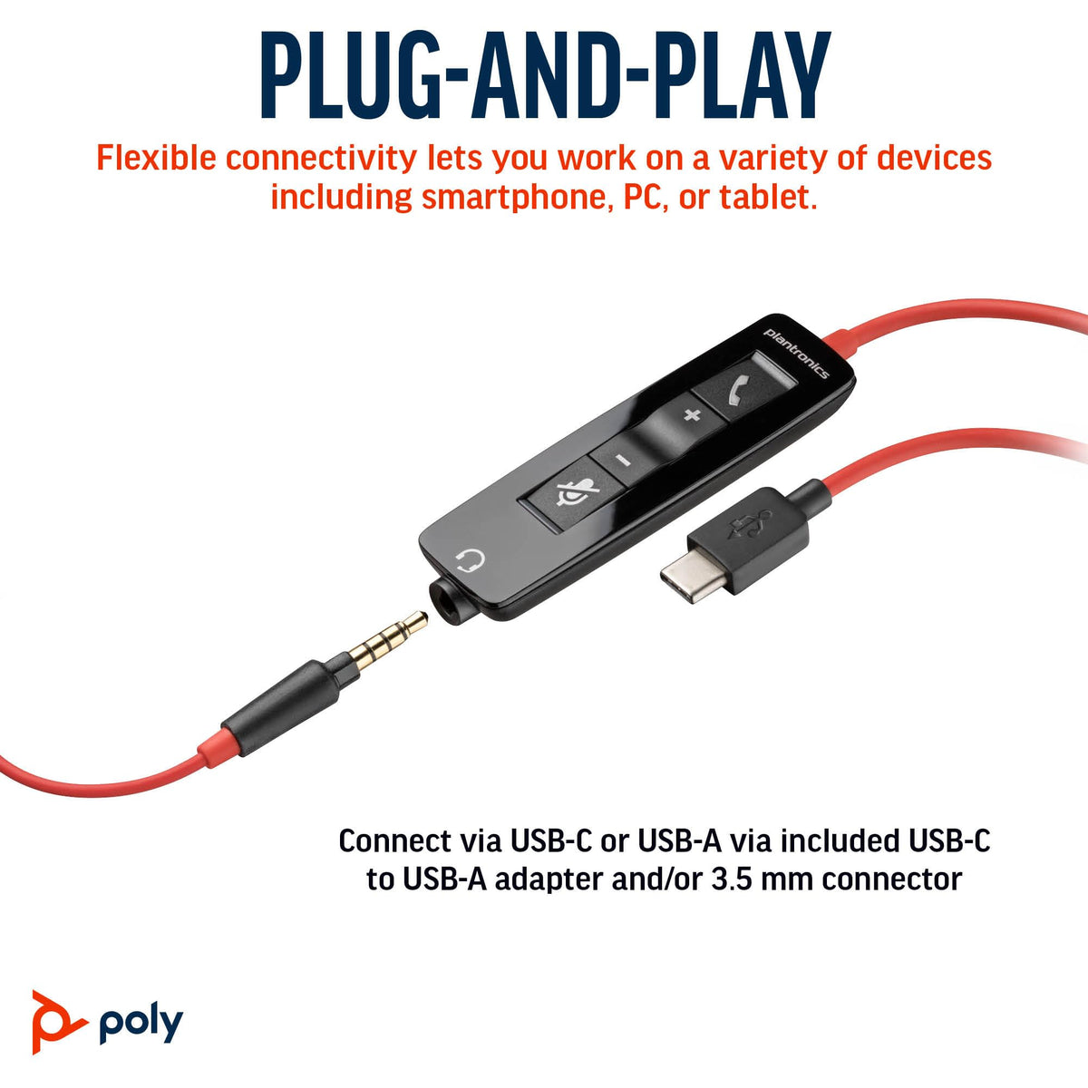 Poly Blackwire 5210 Wired Headset (Plantronics) Flexible Noise-Canceling Boom
