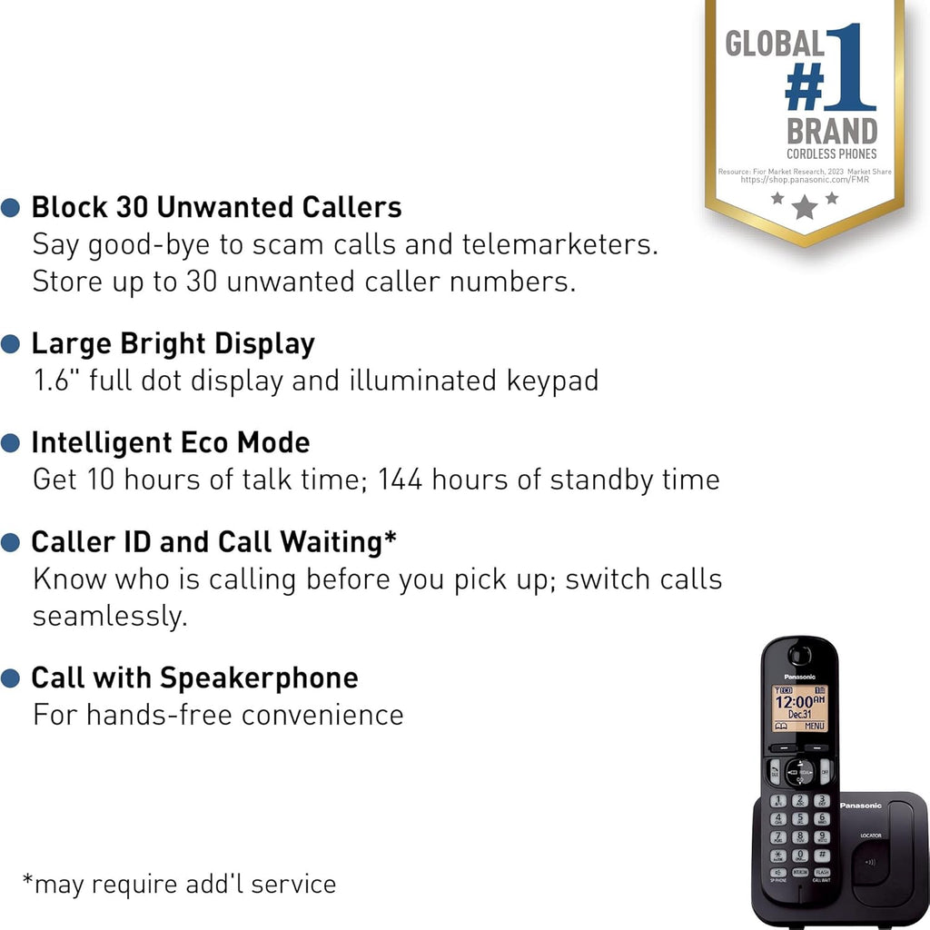 Panasonic Cordless Phone, 1.6" Backlit Display, Call Block, Speakerphone