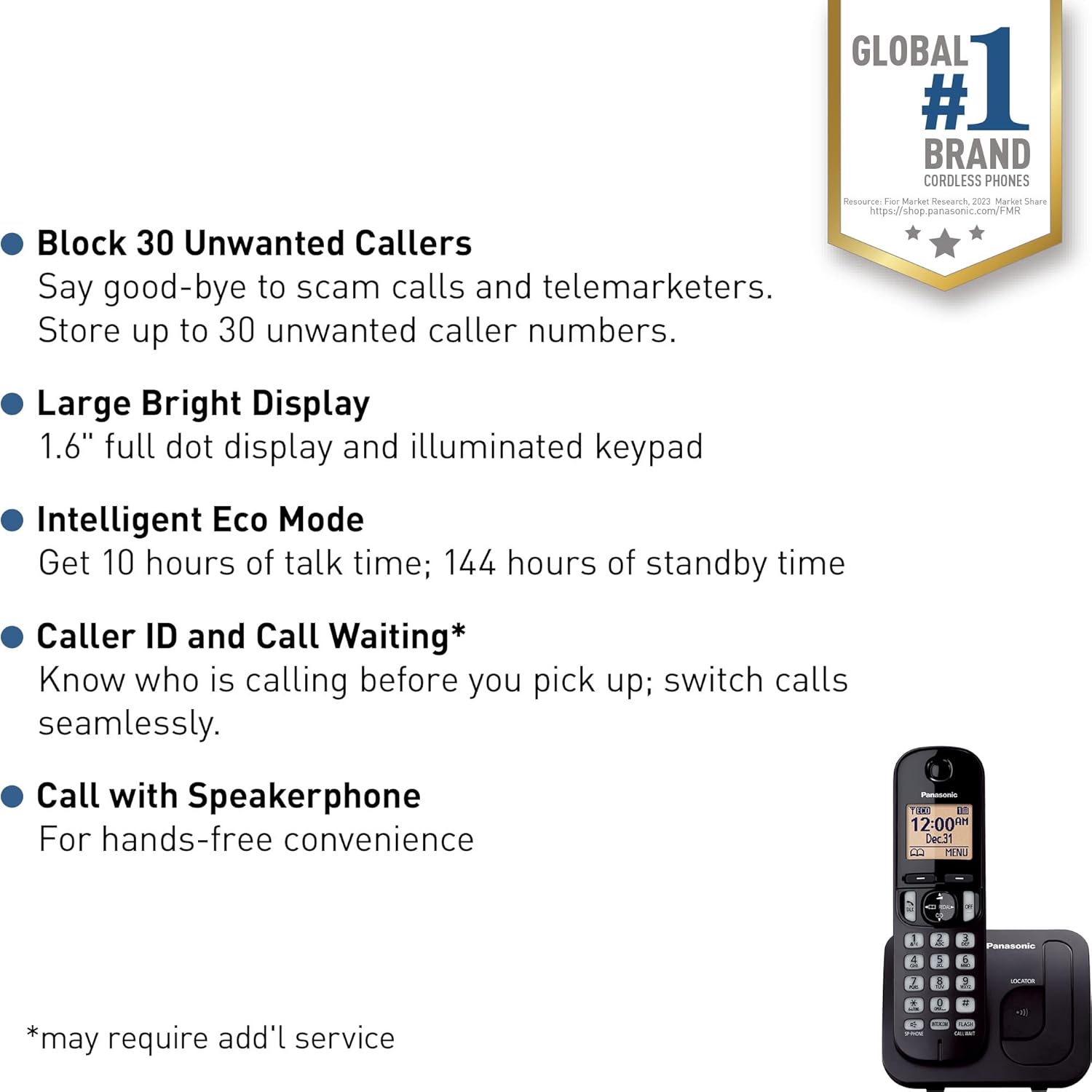 Panasonic Cordless Phone, 1.6" Backlit Display, Call Block, Speakerphone