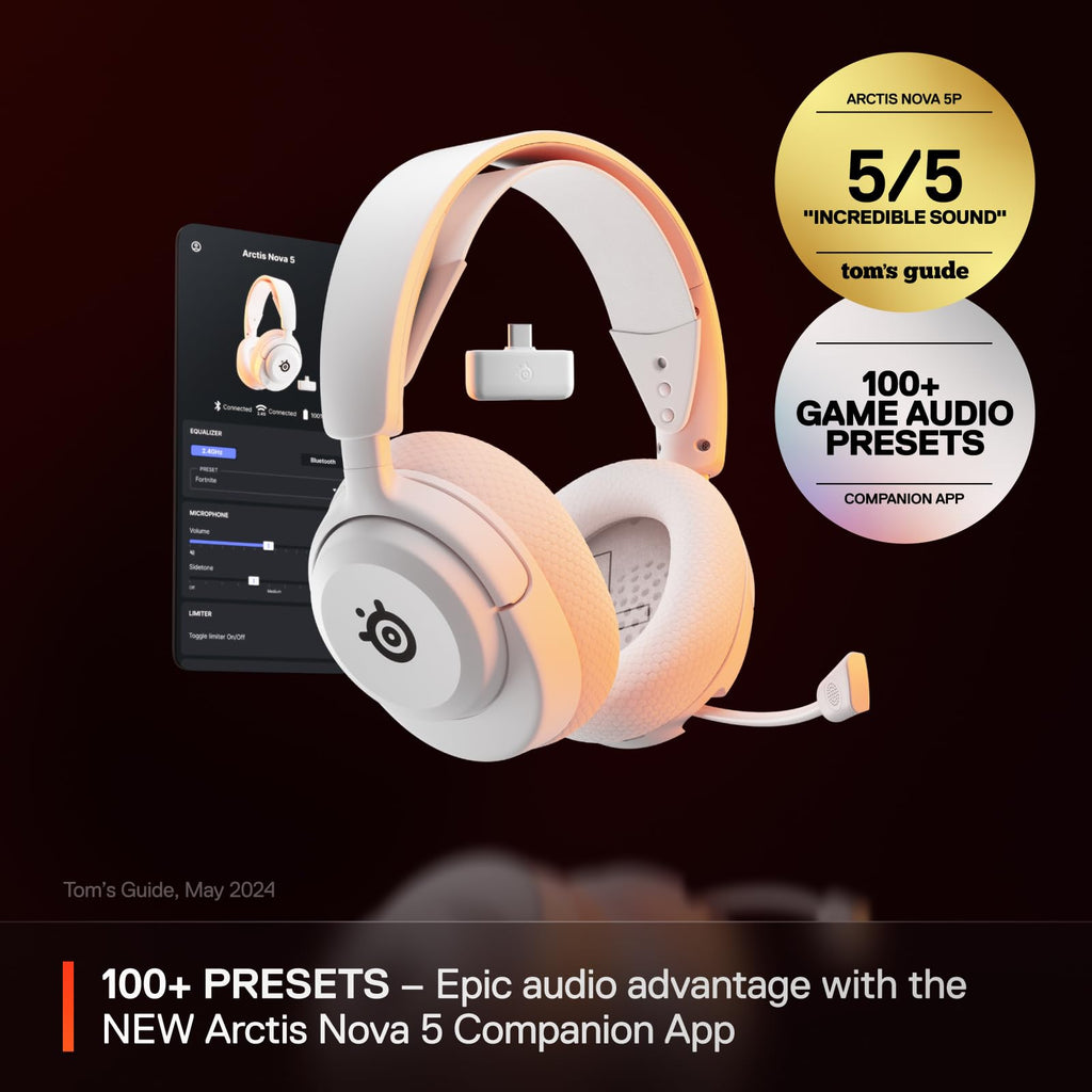 SteelSeries Arctis Nova 5P Wireless Multi-System Gaming Headset — White — Neodymium Magnetic Drivers — 100+ Audio Presets — 60 HR Battery — 2.4GHz or BT — Gen2.X Mic — PS5, PS4, PC, Switch, Mobile
