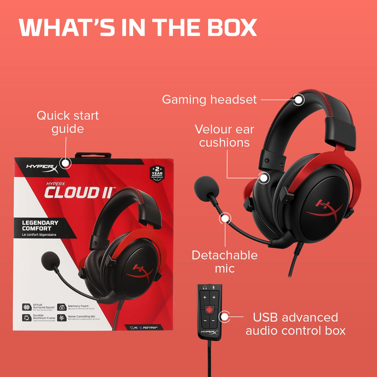 HyperX Cloud II Gaming Headset - 7.1 Surround Sound - Memory Foam Ear Pad