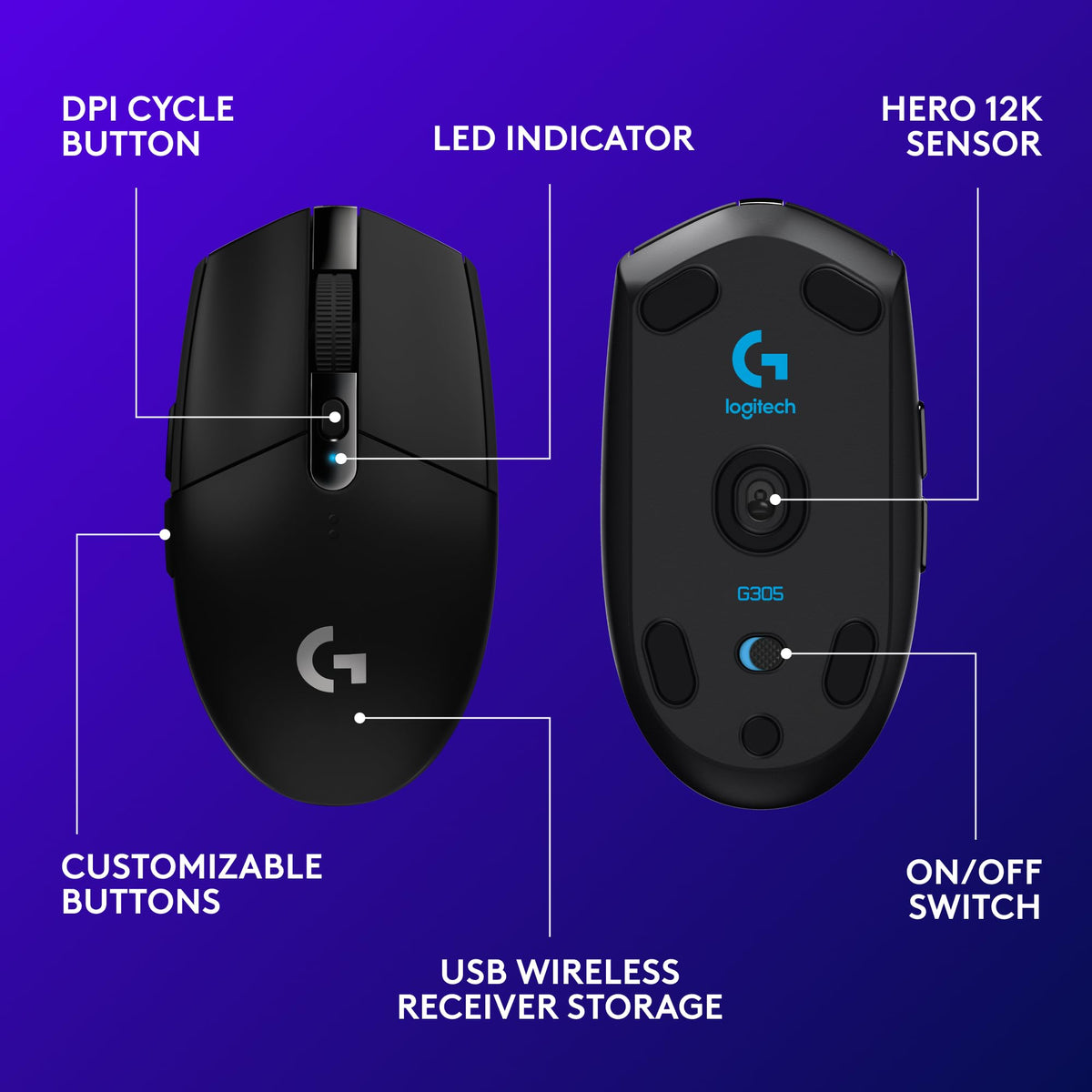 Logitech G305 Lightspeed Wireless Gaming Mouse, Hero Sensor