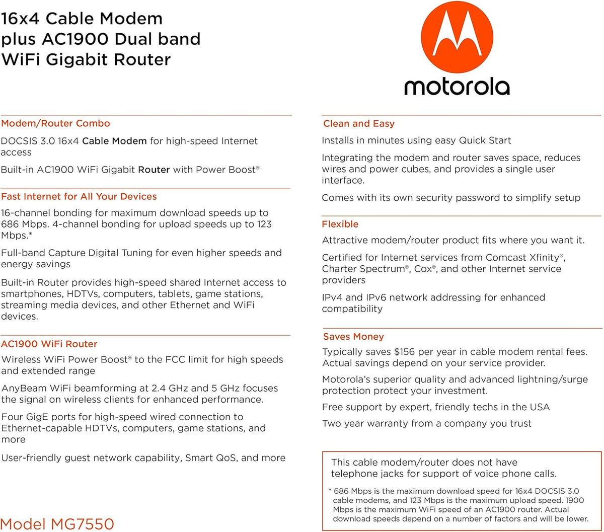 Motorola MG7550 16x4 Cable Modem Plus AC1900 Dual Band WiFi Gigabit Router