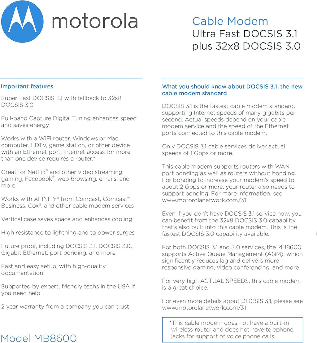 Motorola MB8600 DOCSIS 3.1 Gig-Speed Cable Modem Plus 32x8 DOCSIS 3.0